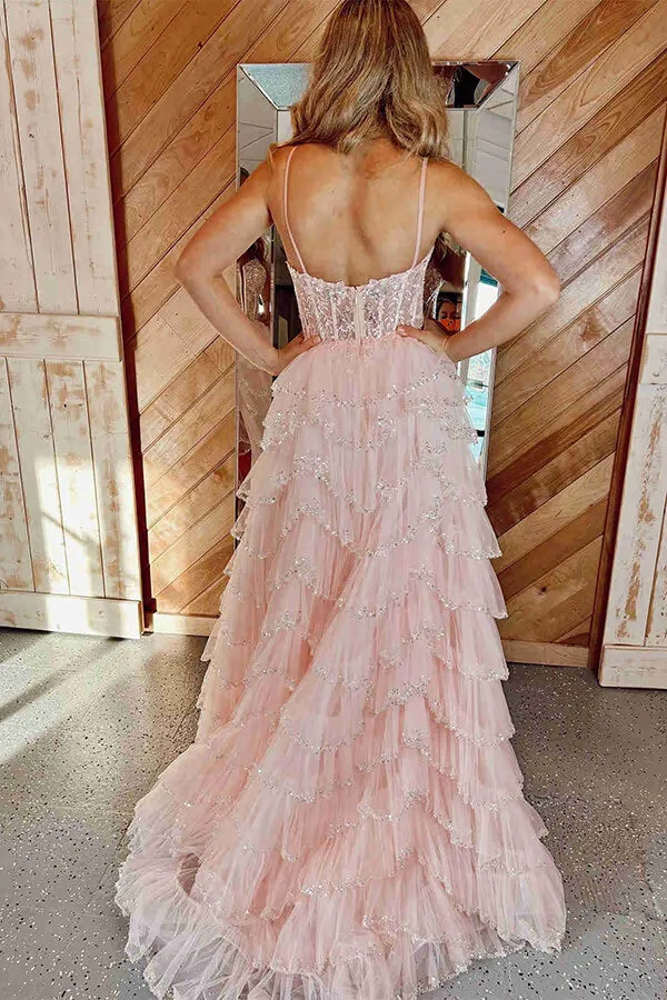 Pink Layered Tulle A-line Prom Dresses With Side Slit, Evening Dresses, SP994