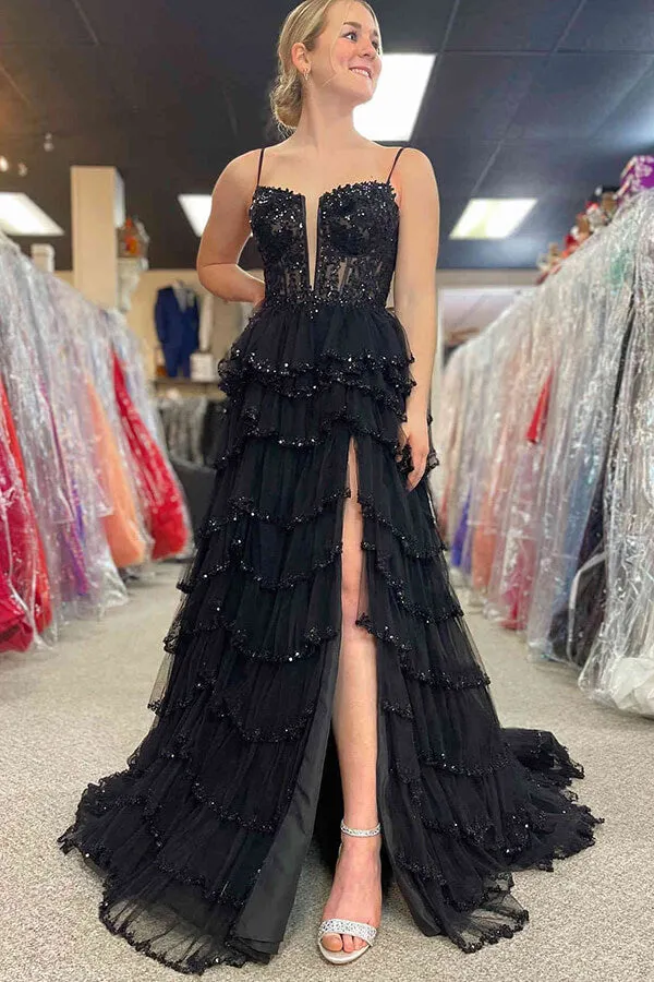 Pink Layered Tulle A-line Prom Dresses With Side Slit, Evening Dresses, SP994