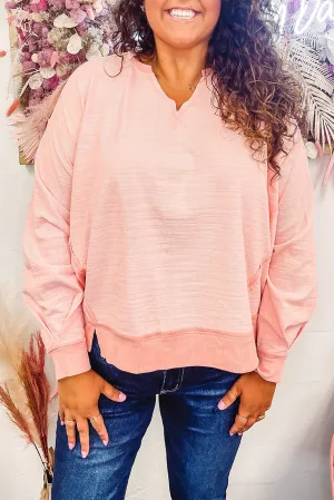 Pink Raw Cut Notched Neck Plus Size French Terry Hoodie