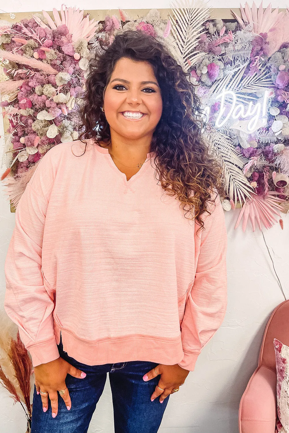 Pink Raw Cut Notched Neck Plus Size French Terry Hoodie