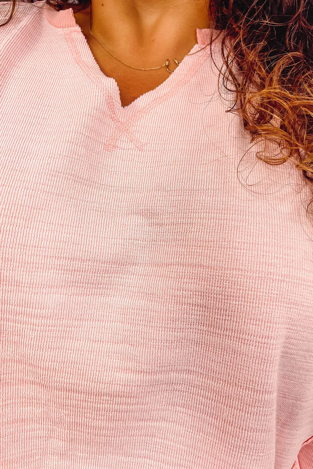 Pink Raw Cut Notched Neck Plus Size French Terry Hoodie