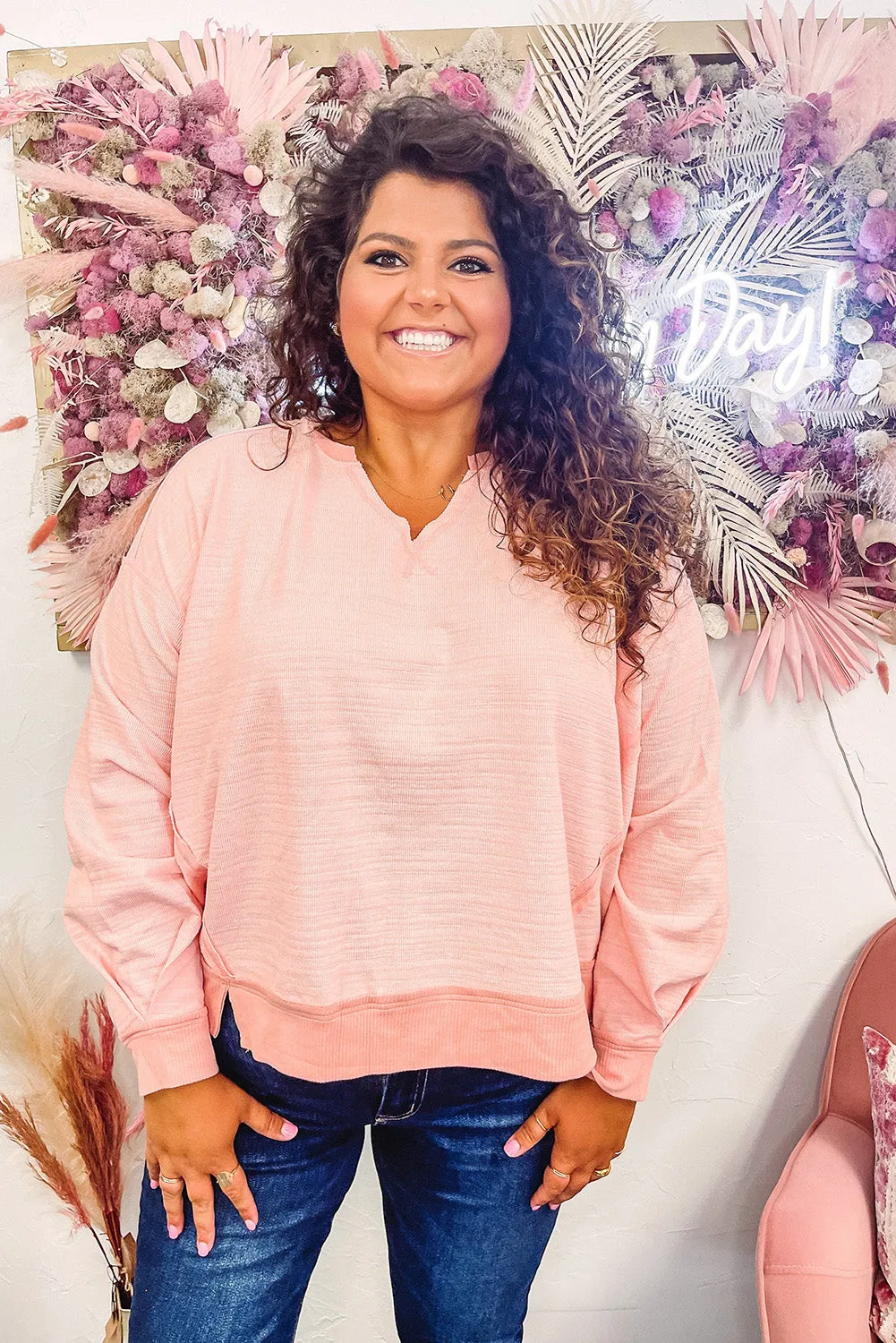 Pink Raw Cut Notched Neck Plus Size French Terry Hoodie