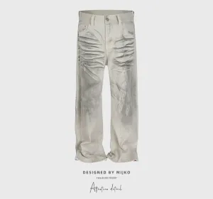 Pluto Textured Tilt White Grey Baggy Jeans
