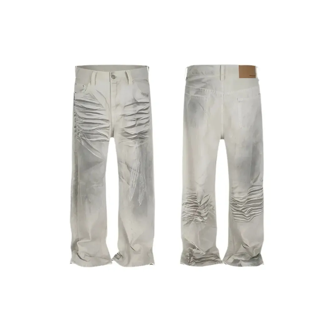 Pluto Textured Tilt White Grey Baggy Jeans