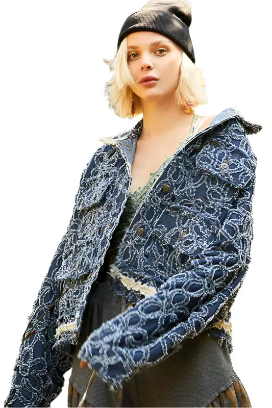 POL Flower Textured Raw Hem Long Sleeve Denim Jacket
