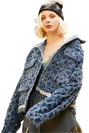 POL Flower Textured Raw Hem Long Sleeve Denim Jacket