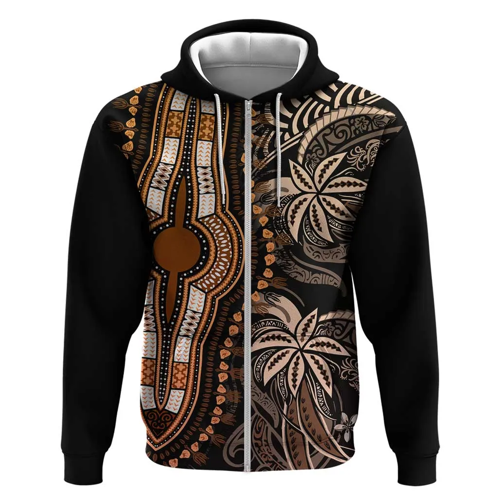 Polynesia Mixed African Dashiki Zip Hoodie Afro-pacific Culture - Gold LT9