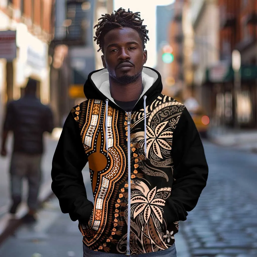 Polynesia Mixed African Dashiki Zip Hoodie Afro-pacific Culture - Gold LT9