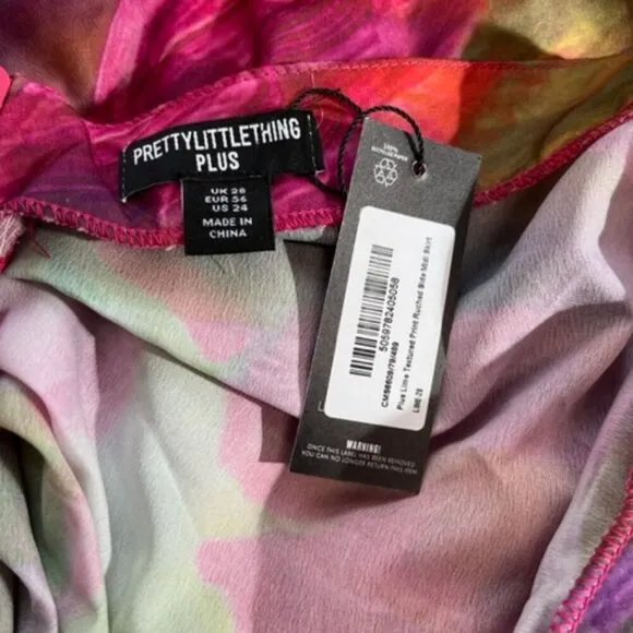 Pretty Little Thing Plus Lime Textured Print Ruched Side Midi Skirt SZ 24 NWT