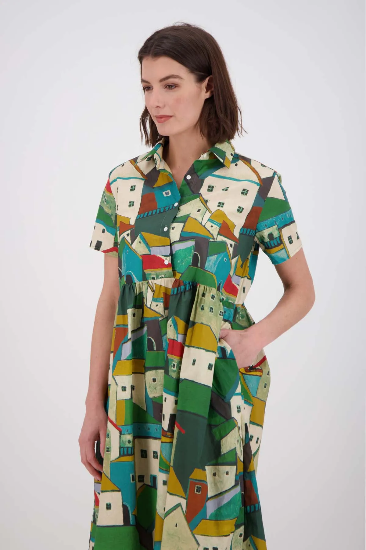 Pueblito Villa Dress Long Green in Cotton
