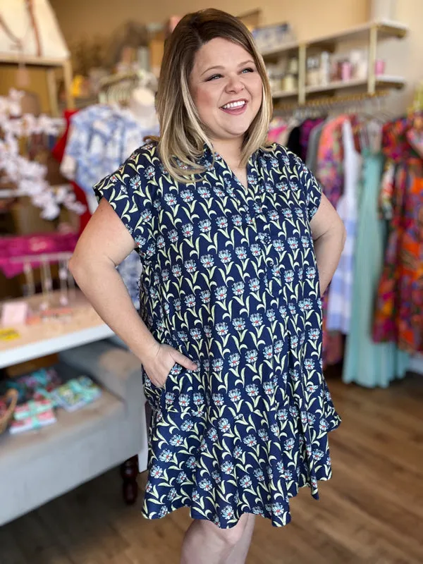 "A Bushel and a Peck" Curvy Navy Drop Waist Dress
