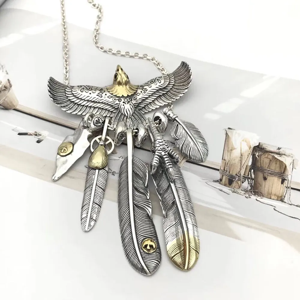 Real Solid 925 Sterling Silver Necklace Pendant Feather Tassel Animals Eagle Punk Hip Hop Jewelry 22"-30"