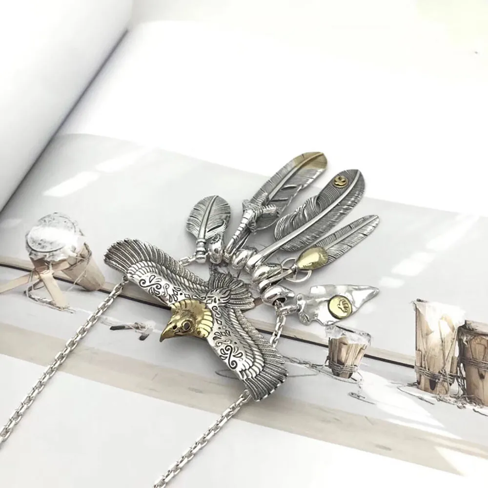 Real Solid 925 Sterling Silver Necklace Pendant Feather Tassel Animals Eagle Punk Hip Hop Jewelry 22"-30"
