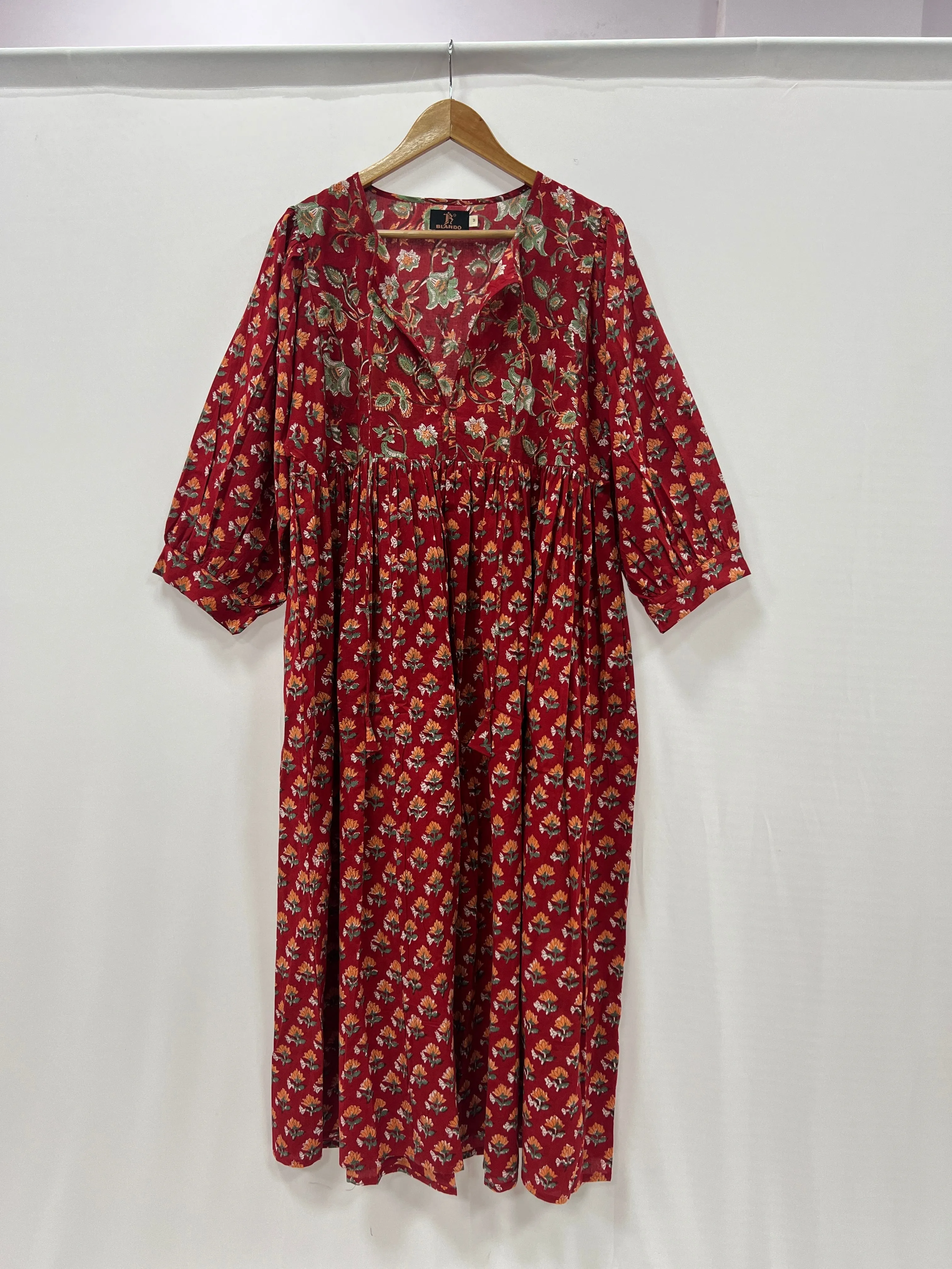 Red Block Printed long ladies cotton dress