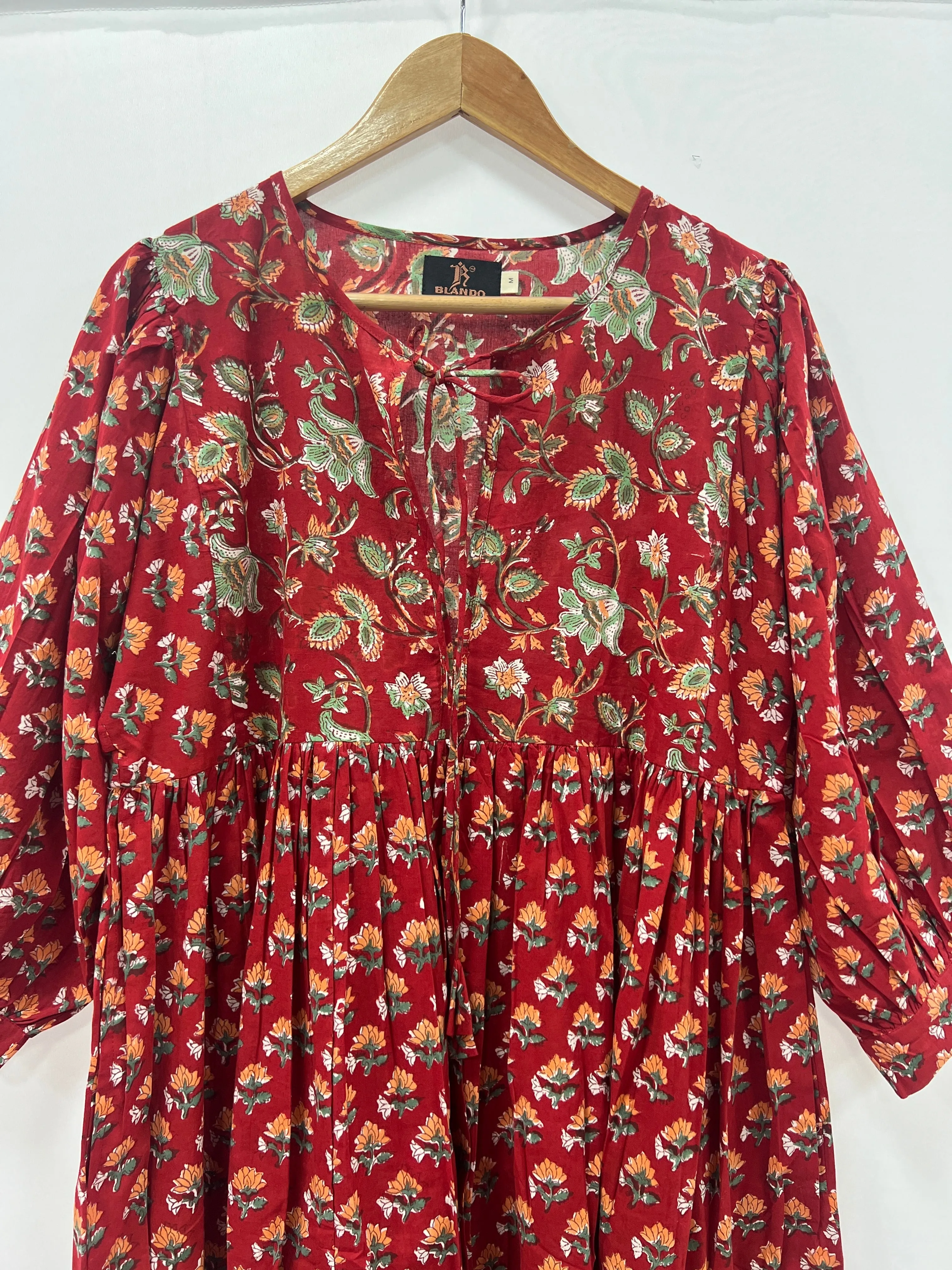 Red Block Printed long ladies cotton dress