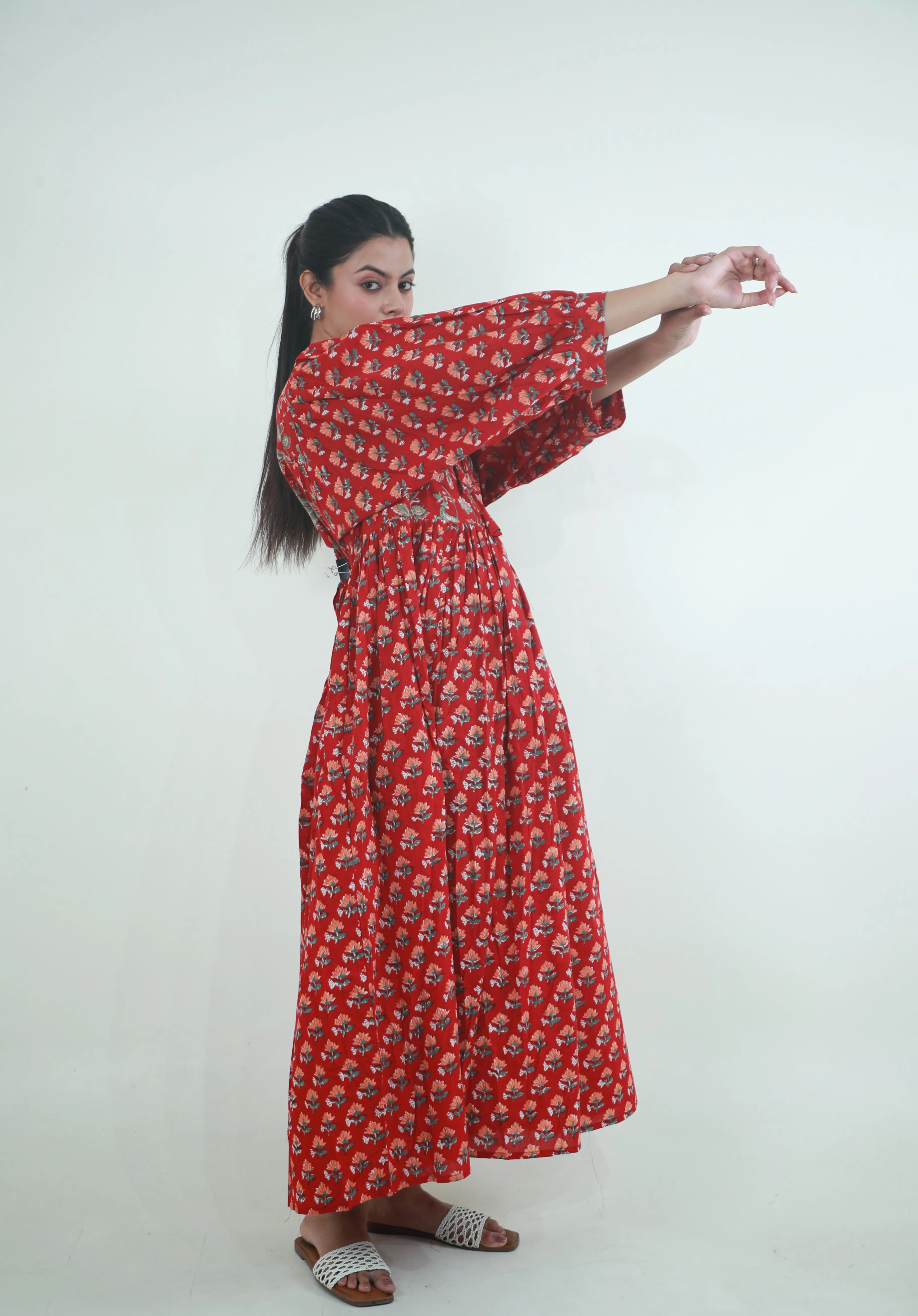 Red Block Printed long ladies cotton dress