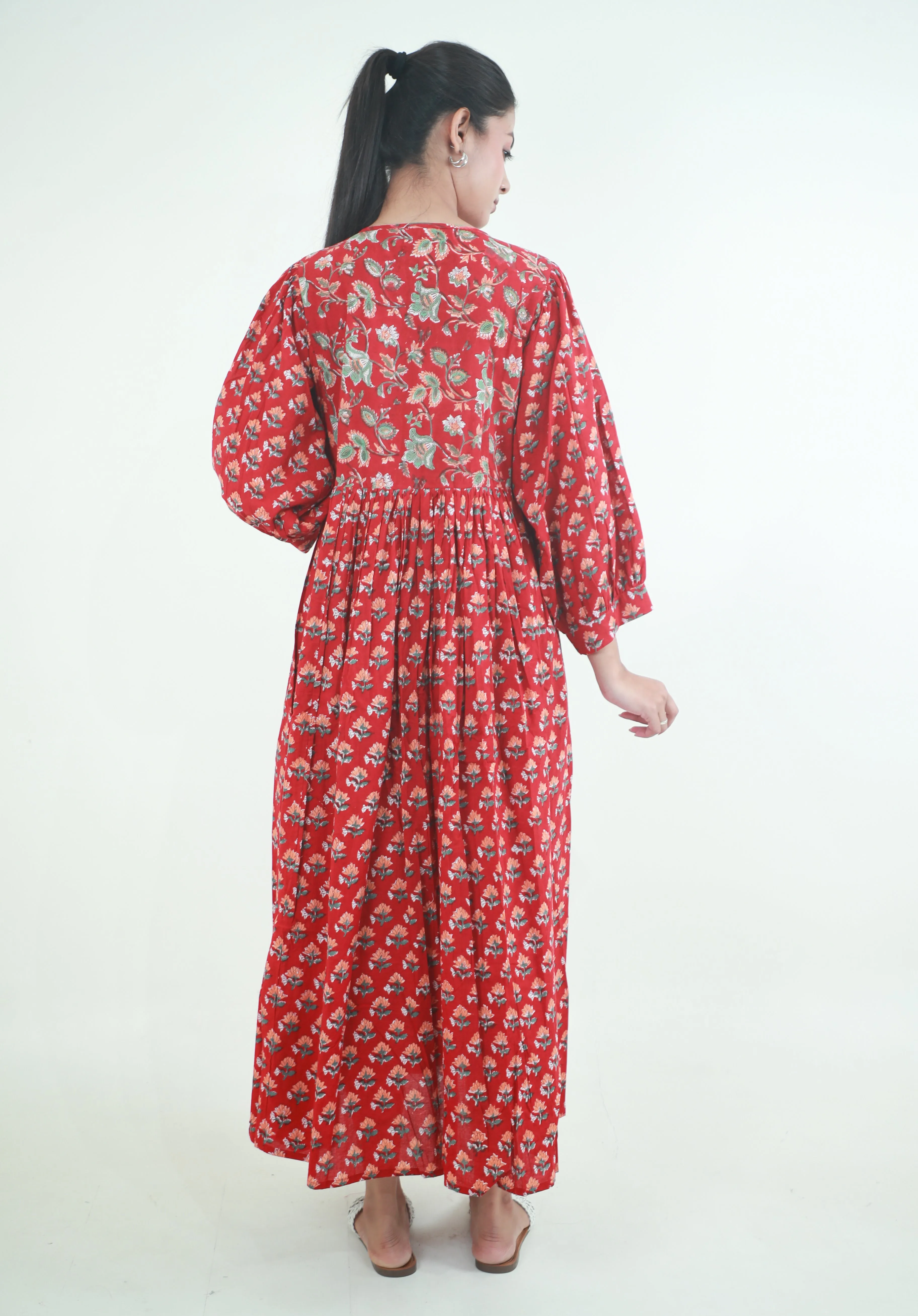 Red Block Printed long ladies cotton dress