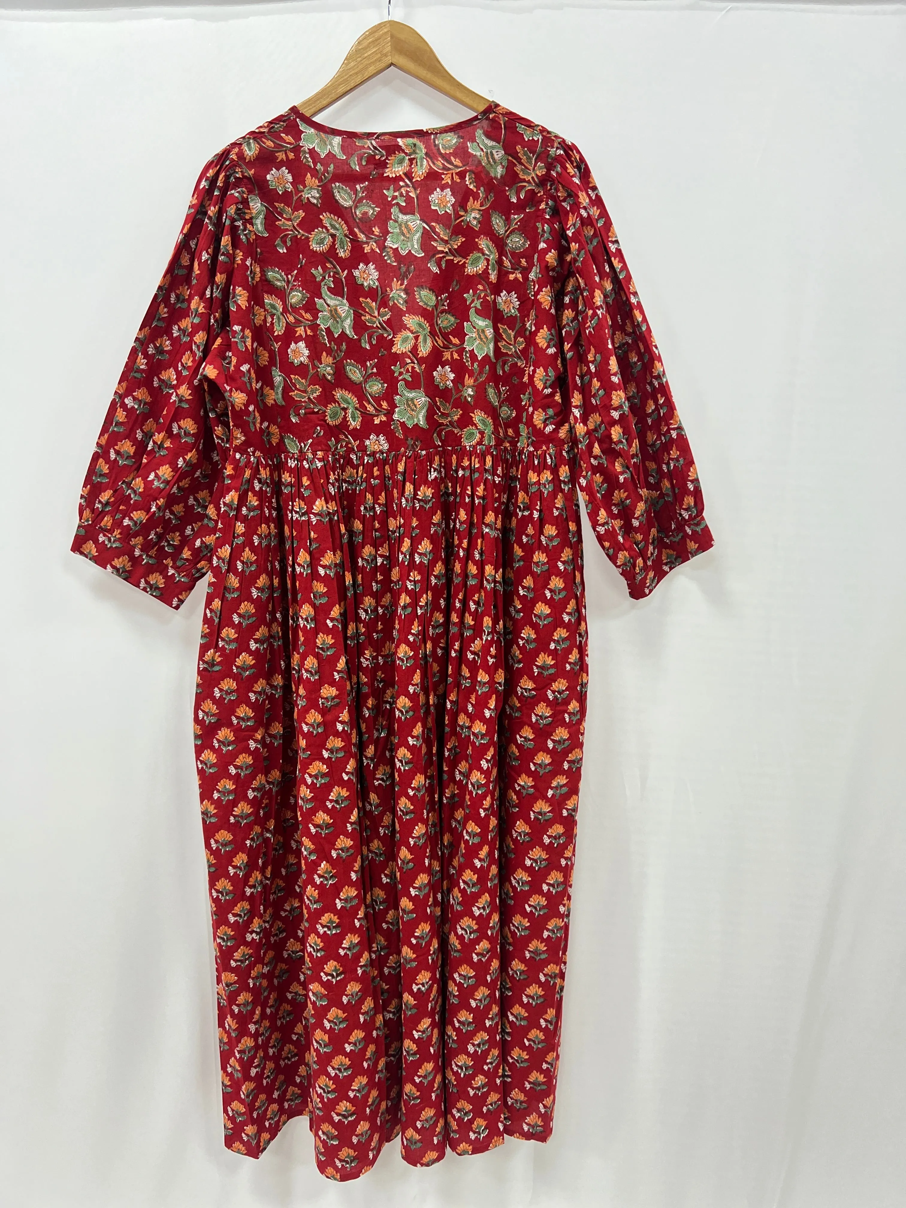 Red Block Printed long ladies cotton dress