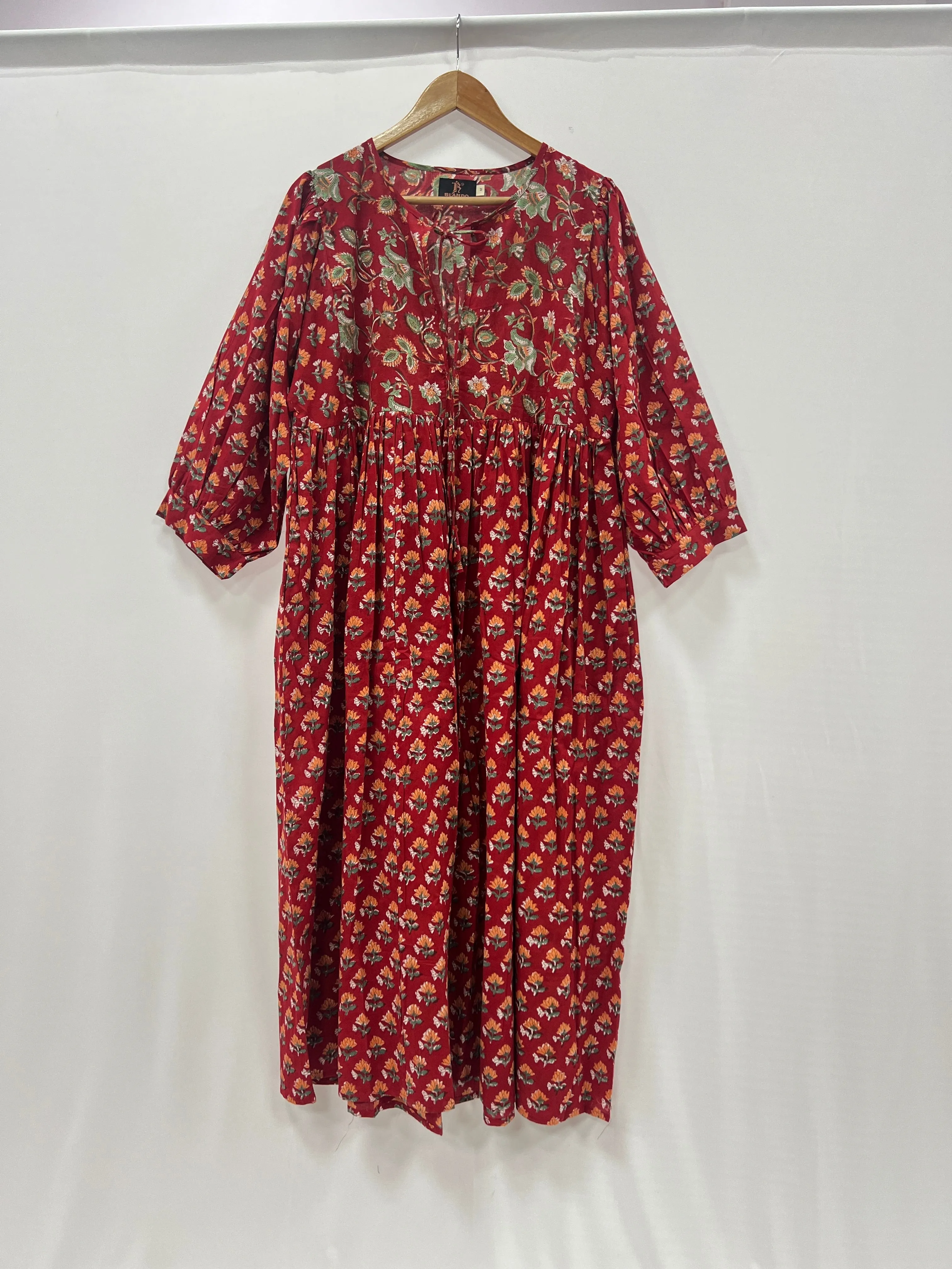 Red Block Printed long ladies cotton dress