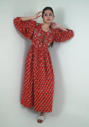 Red Block Printed long ladies cotton dress