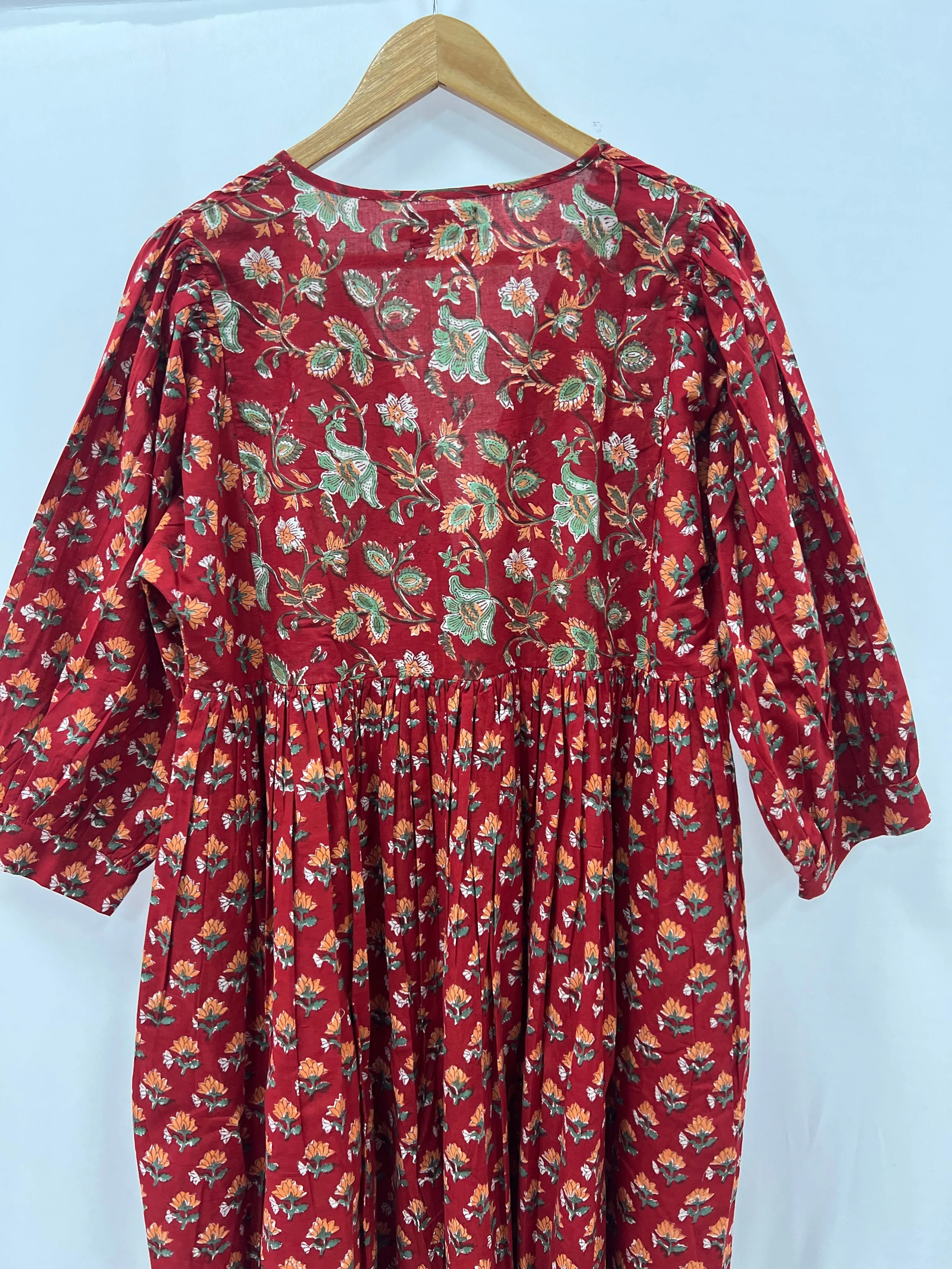Red Block Printed long ladies cotton dress
