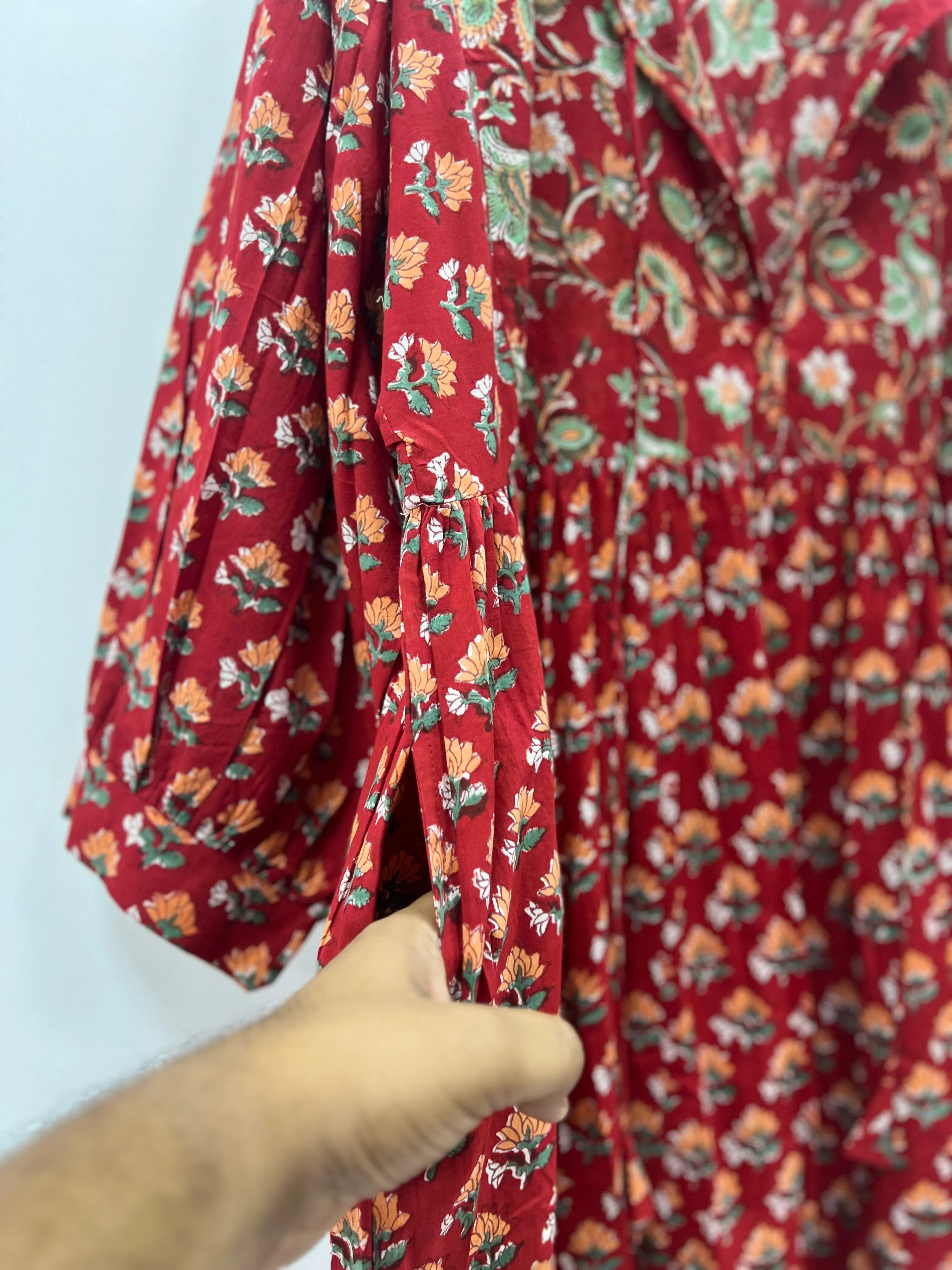 Red Block Printed long ladies cotton dress