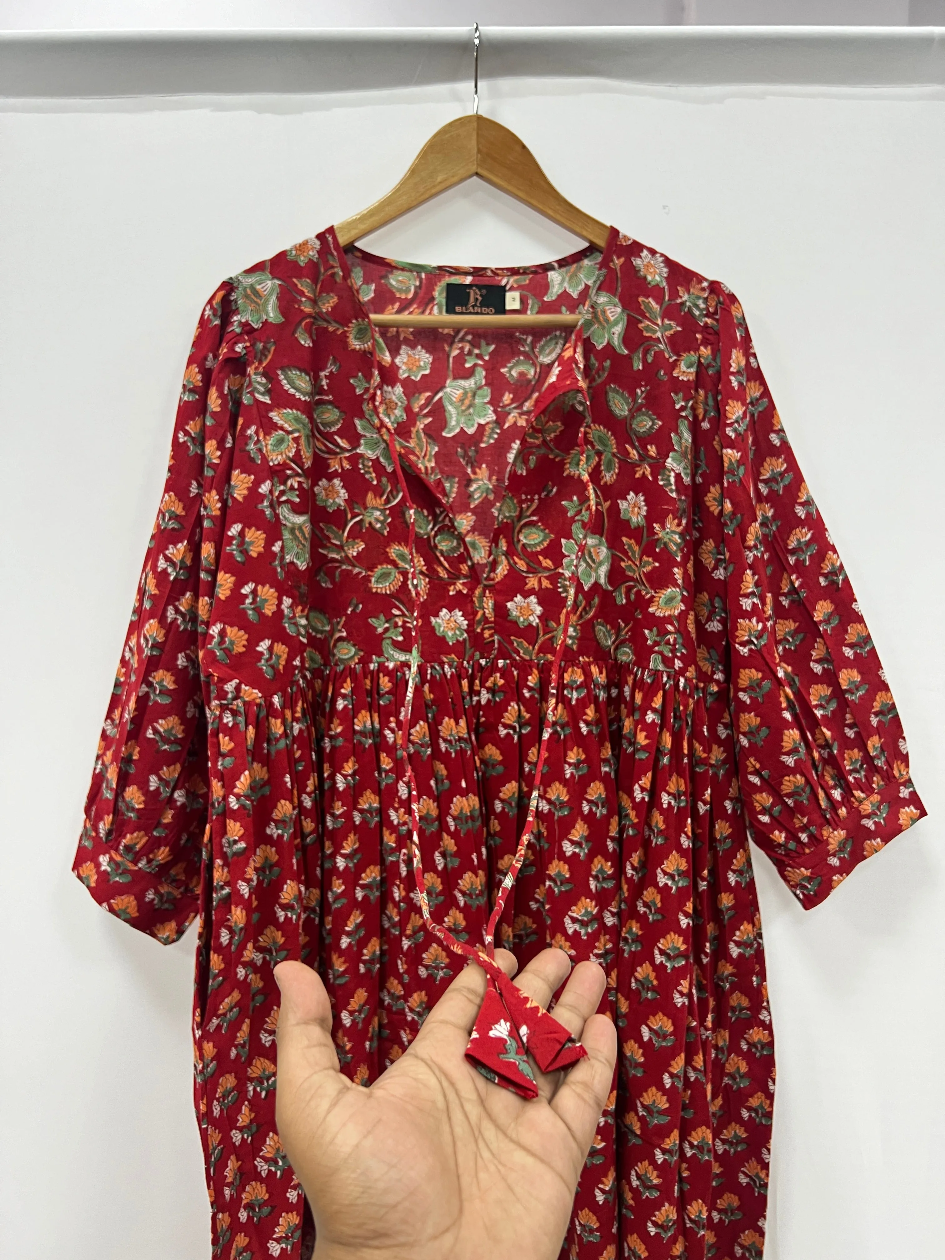 Red Block Printed long ladies cotton dress
