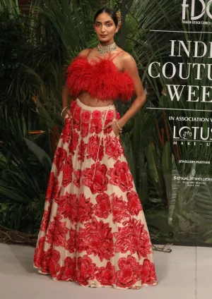Red embroidered lehenga with feather top