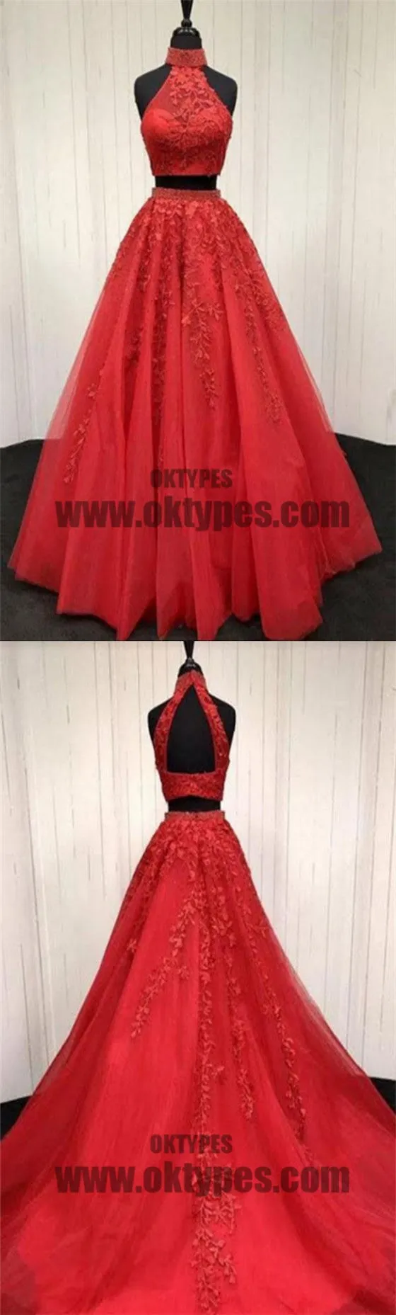 Red Two Piece Appliques Prom Dresses, Long Halter Lace Mermaid Prom Dresses, TYP0444
