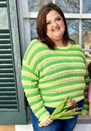 Reg/Curvy Striped Crochet Long Sleeve Light Knit Sweater