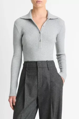 Ribbed Cotton Long-Sleeve Polo Shirt in Heather Mid Grey