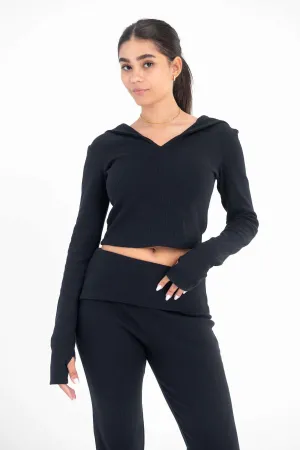 Ribbed Cropped Cotton Hoodie - Virmo