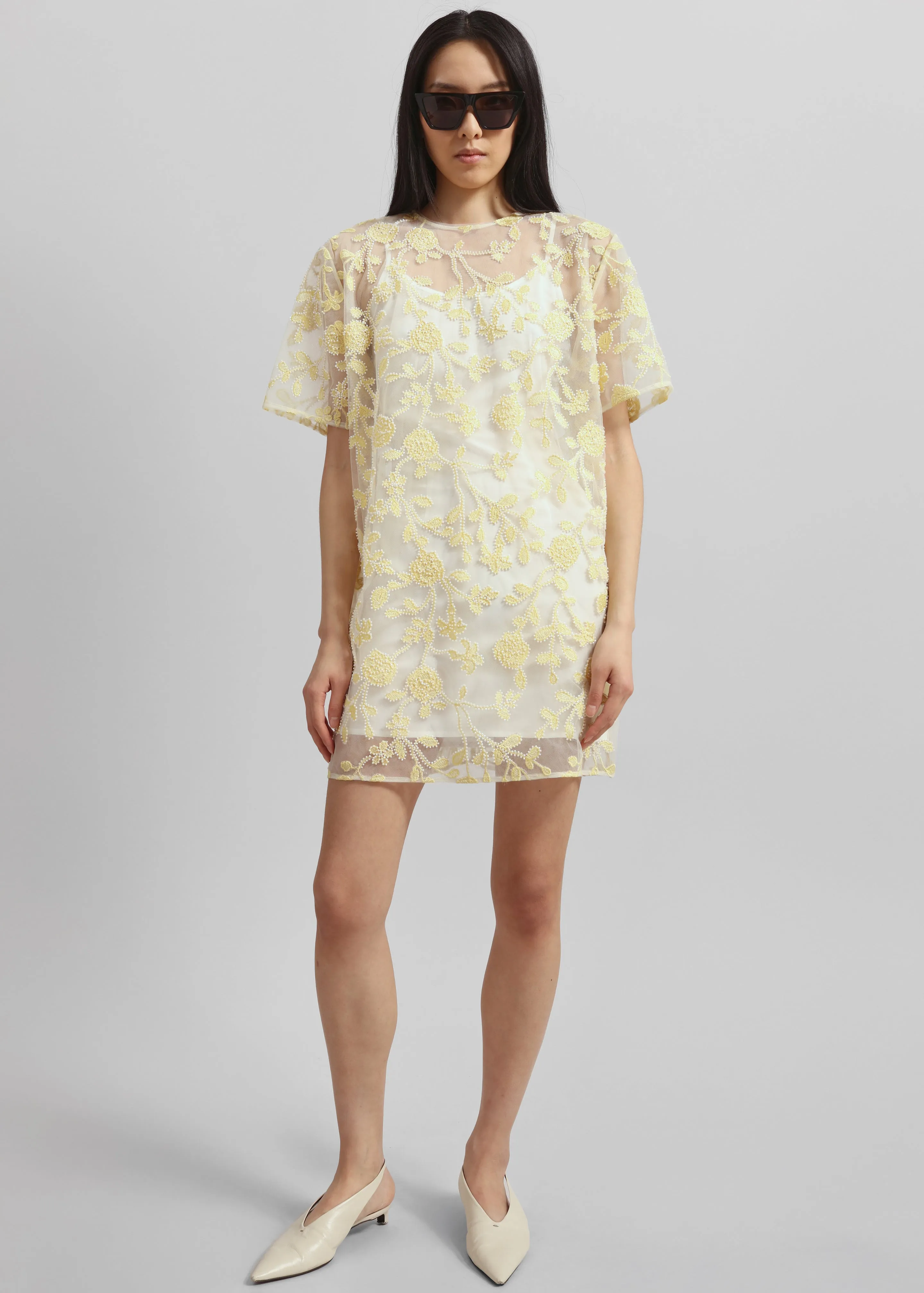 Rotate Flower Beads Boxy Dress - Egret Comb