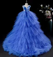 Royal blue  Flower Girl Dresses Sheer Neck Tiers Ball Gown Little Girl Wedding Dresses Cheap Communion Pageant Dresses Gowns
