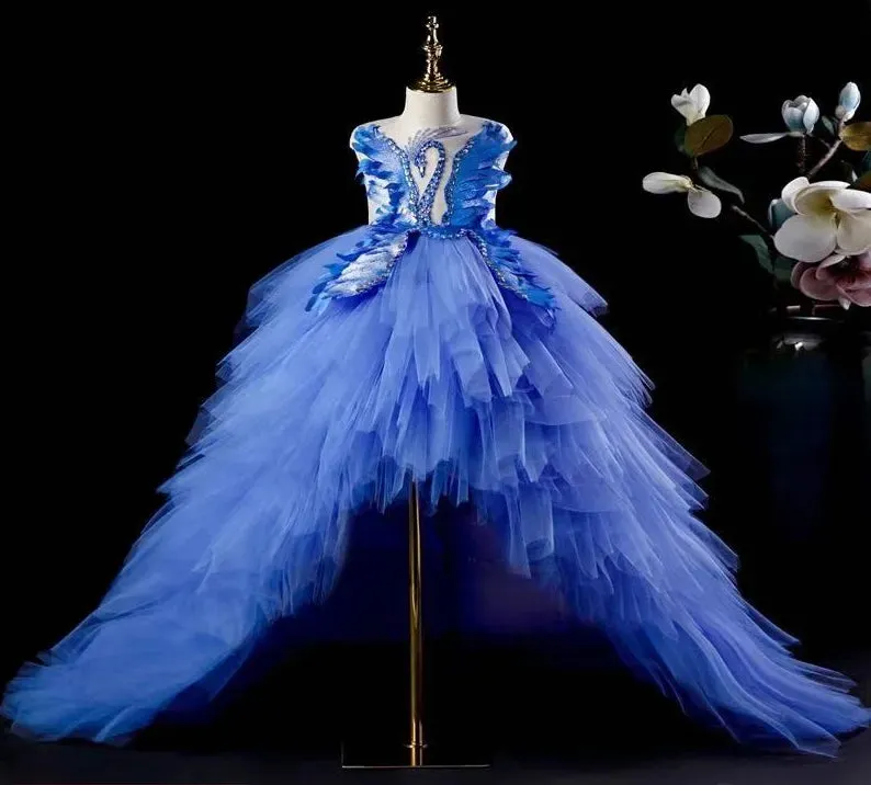 Royal blue  Flower Girl Dresses Sheer Neck Tiers Ball Gown Little Girl Wedding Dresses Cheap Communion Pageant Dresses Gowns