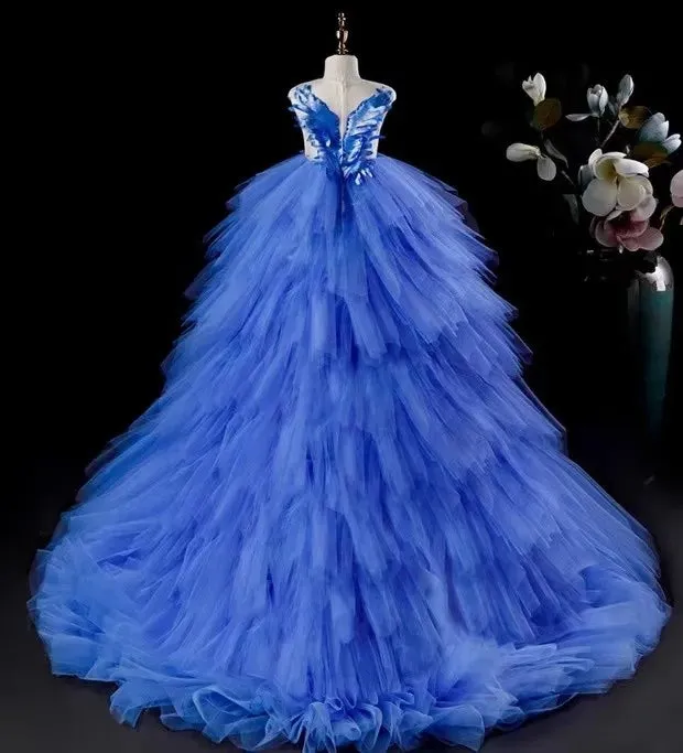 Royal blue  Flower Girl Dresses Sheer Neck Tiers Ball Gown Little Girl Wedding Dresses Cheap Communion Pageant Dresses Gowns