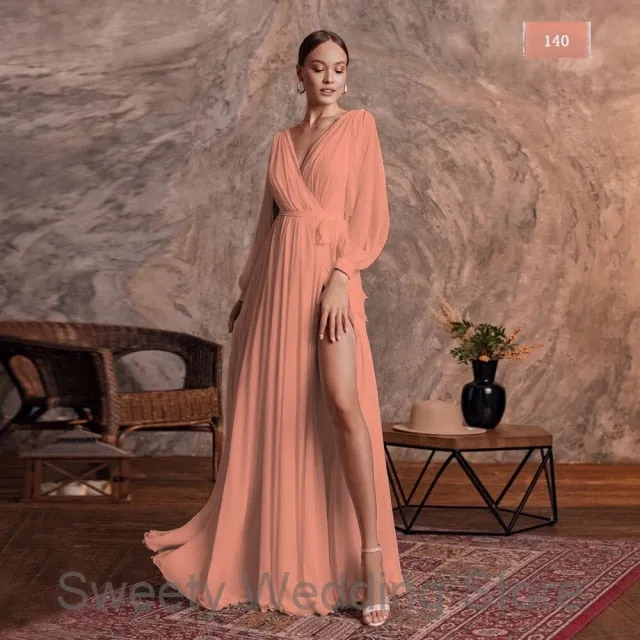 Roycebridal Simple Wedding Dress Sexy V Neck Long Sleeves Plain Chiffon A Line Beach Wedding Gown Side Slit Bridal Dresses