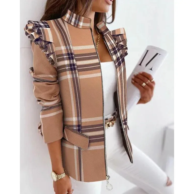 Schoensten Boutique Leopard Printed Ruffled Long-sleeved Zipper for Women Blazers