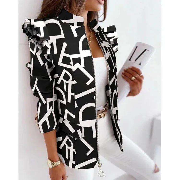 Schoensten Boutique Leopard Printed Ruffled Long-sleeved Zipper for Women Blazers