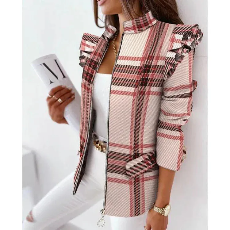 Schoensten Boutique Leopard Printed Ruffled Long-sleeved Zipper for Women Blazers