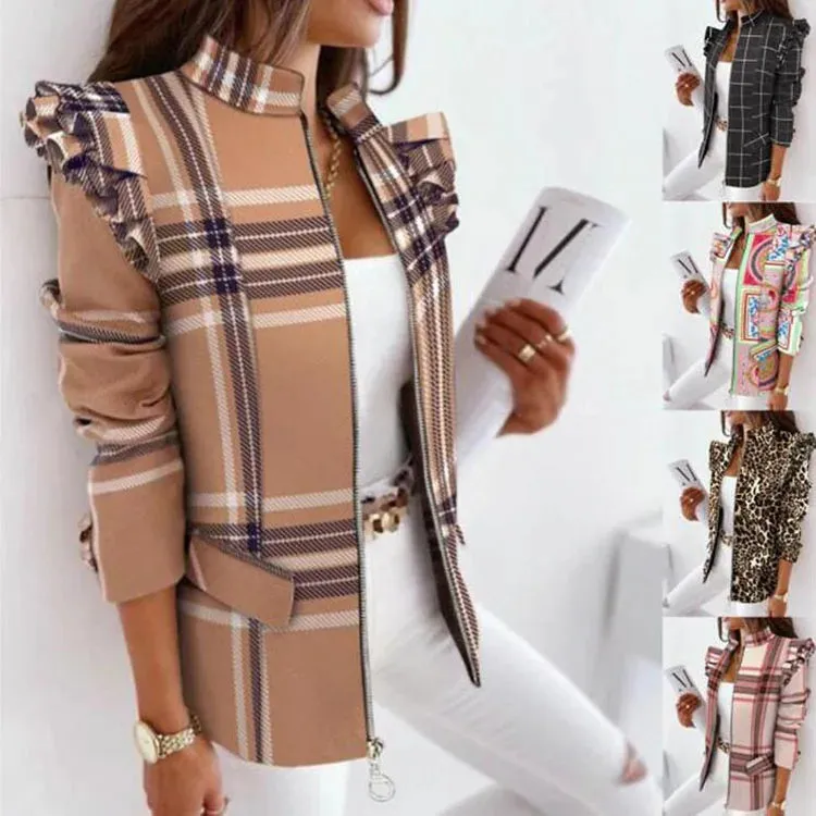 Schoensten Boutique Leopard Printed Ruffled Long-sleeved Zipper for Women Blazers