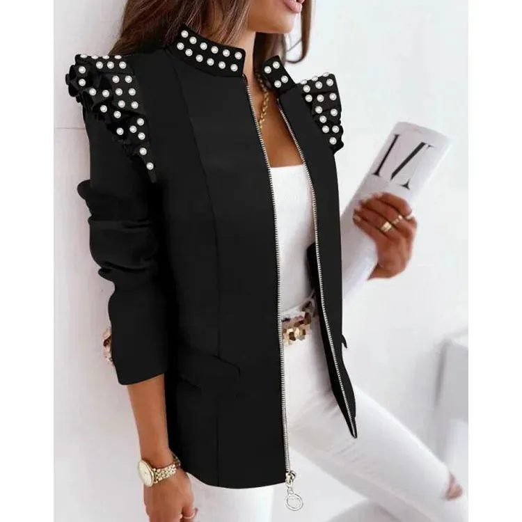 Schoensten Boutique Leopard Printed Ruffled Long-sleeved Zipper for Women Blazers