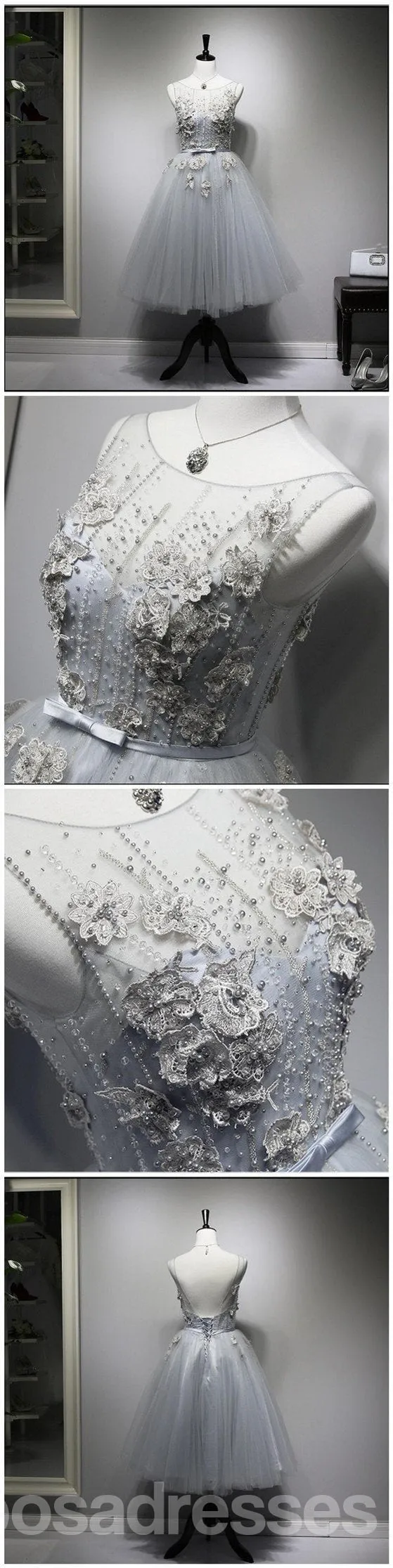 Sexy Gray Backless Lace Beaded Homecoming Prom Dresses, Affordable Short Party Prom Sweet 16 Dresses, Perfect Homecoming Cocktail Dresses, CM344