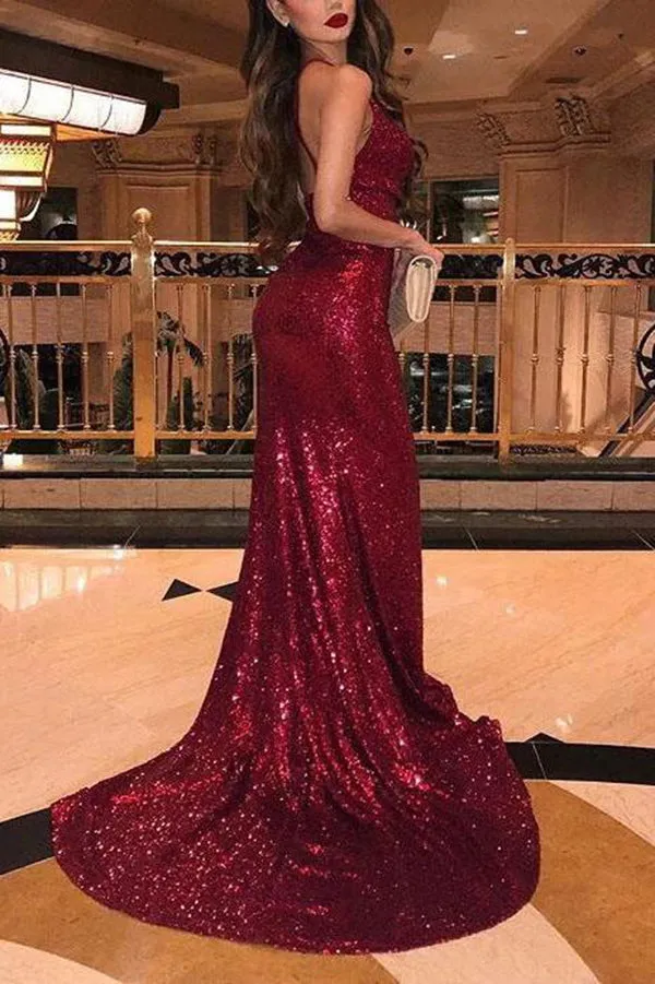 Shiny Burgundy Sequins Mermaid Long Prom Dresses Evening Dresses with Split, SP538