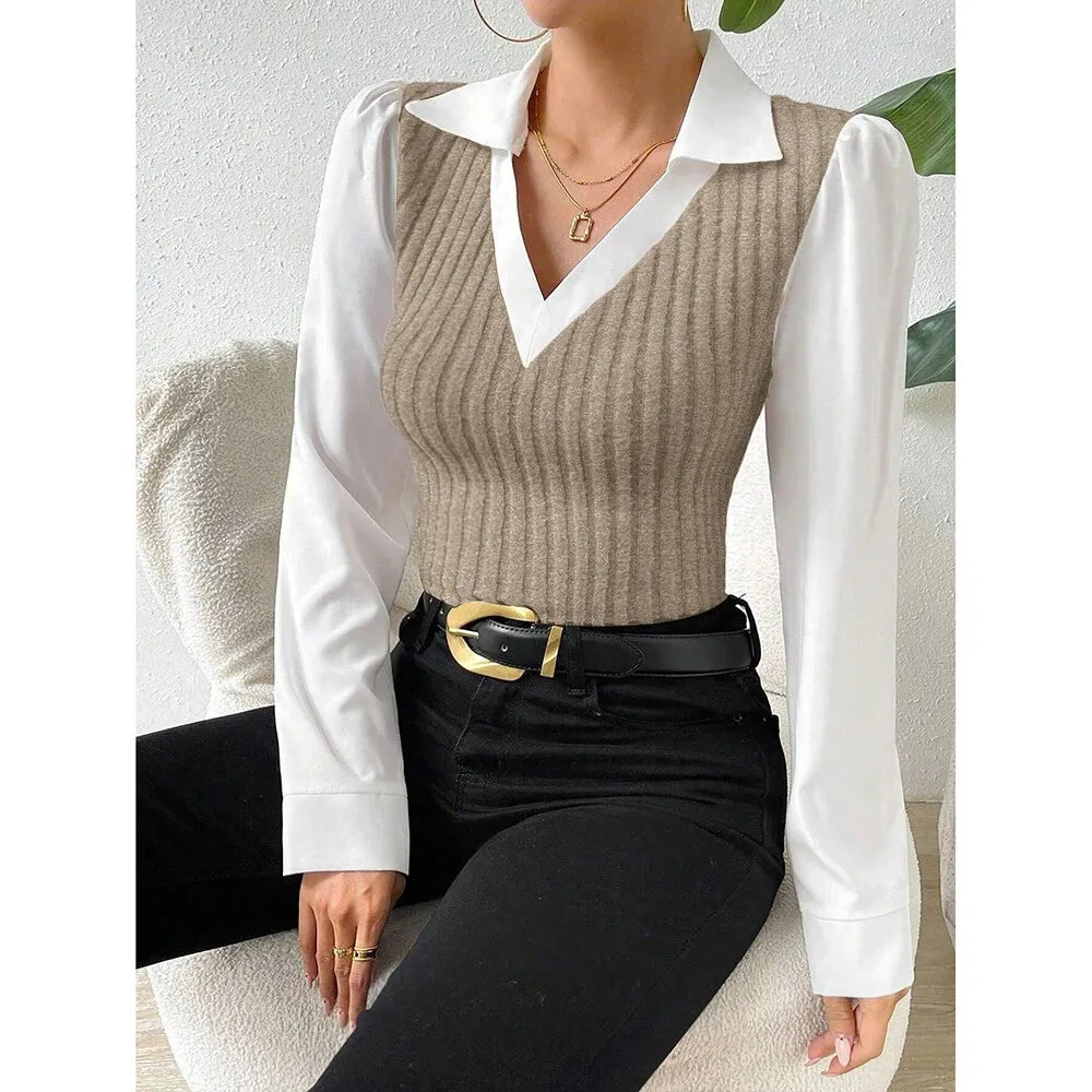 Shirt Long Sleeve V Neck Collar Slim Fit Blouses