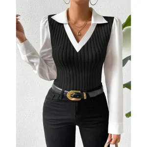 Shirt Long Sleeve V Neck Collar Slim Fit Blouses