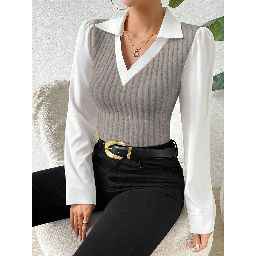 Shirt Long Sleeve V Neck Collar Slim Fit Blouses