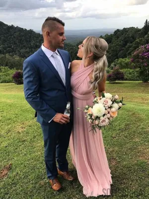 Simple A-Line Chiffon Pink Long Cheap Bridesmaid Dresses, BD1016
