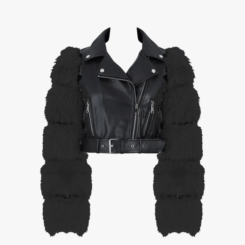 Sissy Boy Womens Faux Leather Biker Jacket Faux Fur Sleeve Black