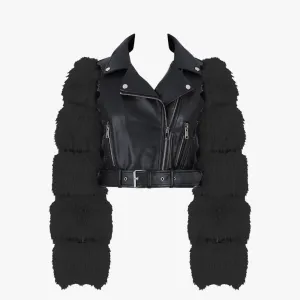 Sissy Boy Womens Faux Leather Biker Jacket Faux Fur Sleeve Black